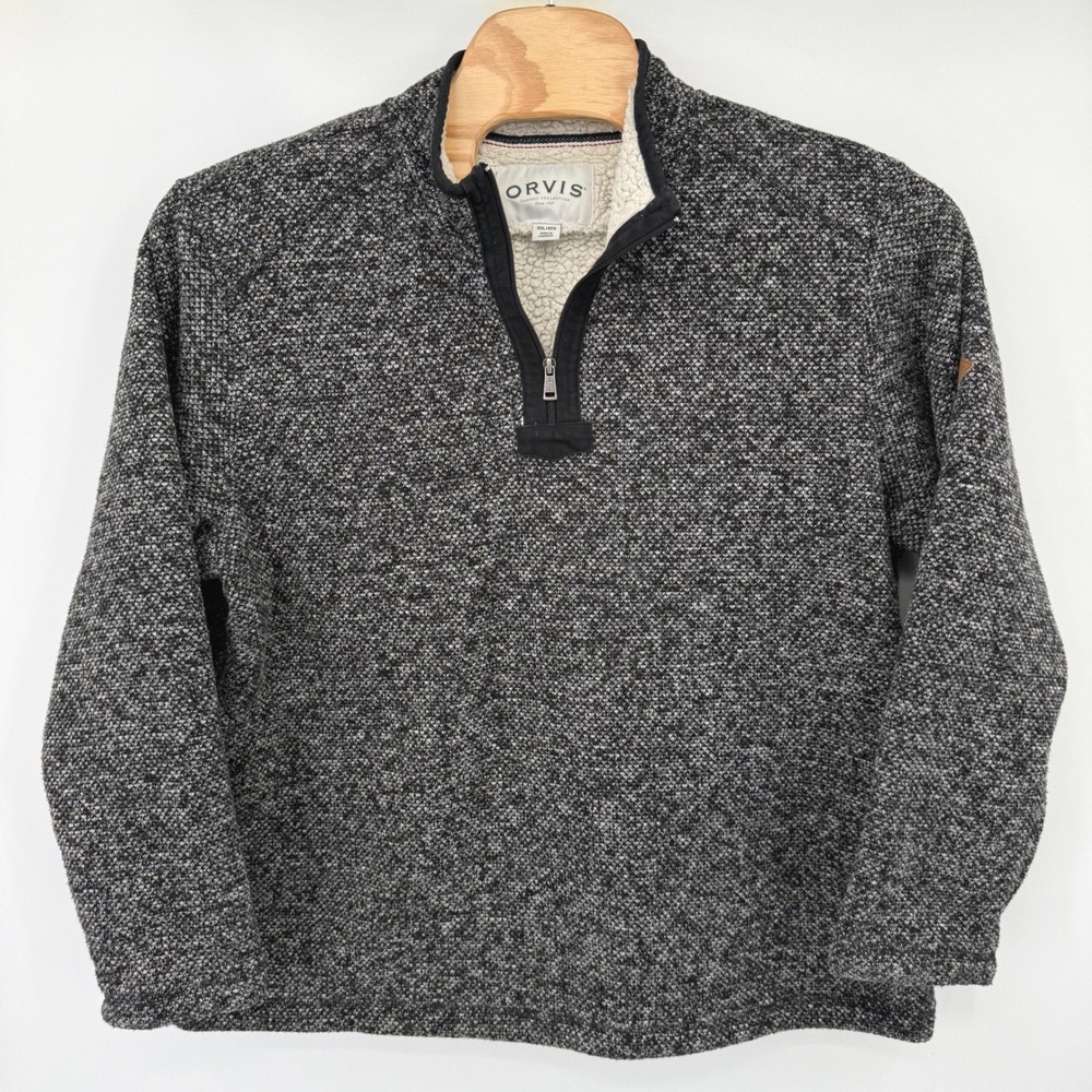 Orvis Pullover Men XXL Grey Marled Sherpa Lined Quarter Zip Heavyweight Sweater